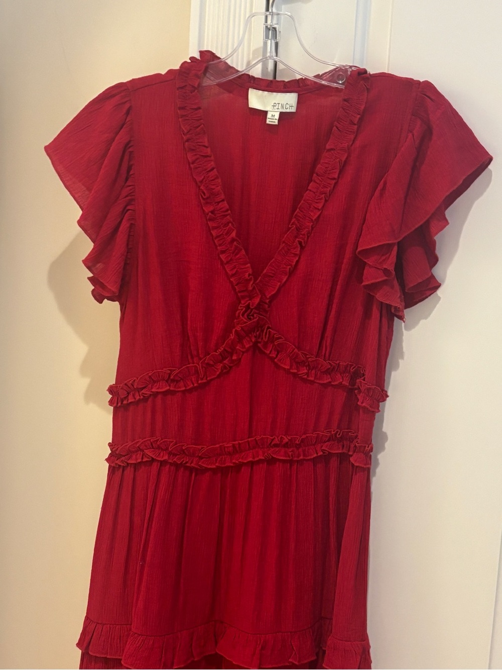 PINCH Red Tiered Ruffled V-Neck Dress with Flutter Sleeves